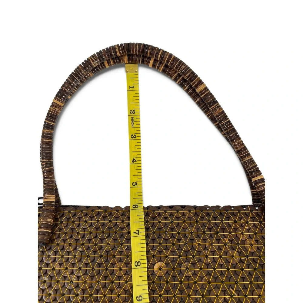 Y2K Handmade Coconut Shell Beaded Boho Handbag Artisan Crafted Brown Tote Purse